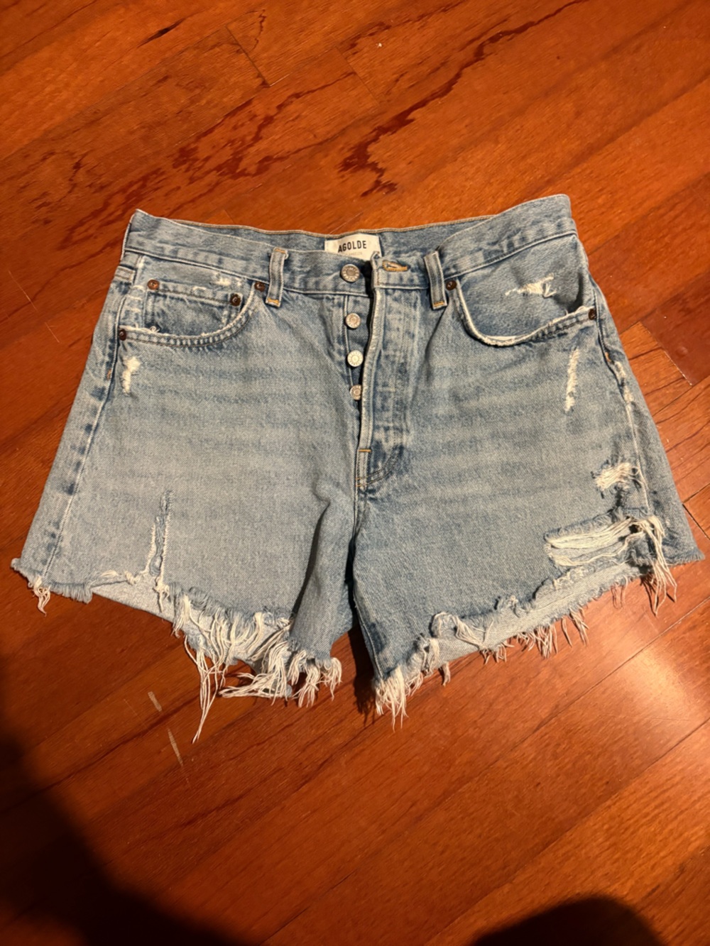 Agolde Light Blue Distressed High-Rise Jean Shorts